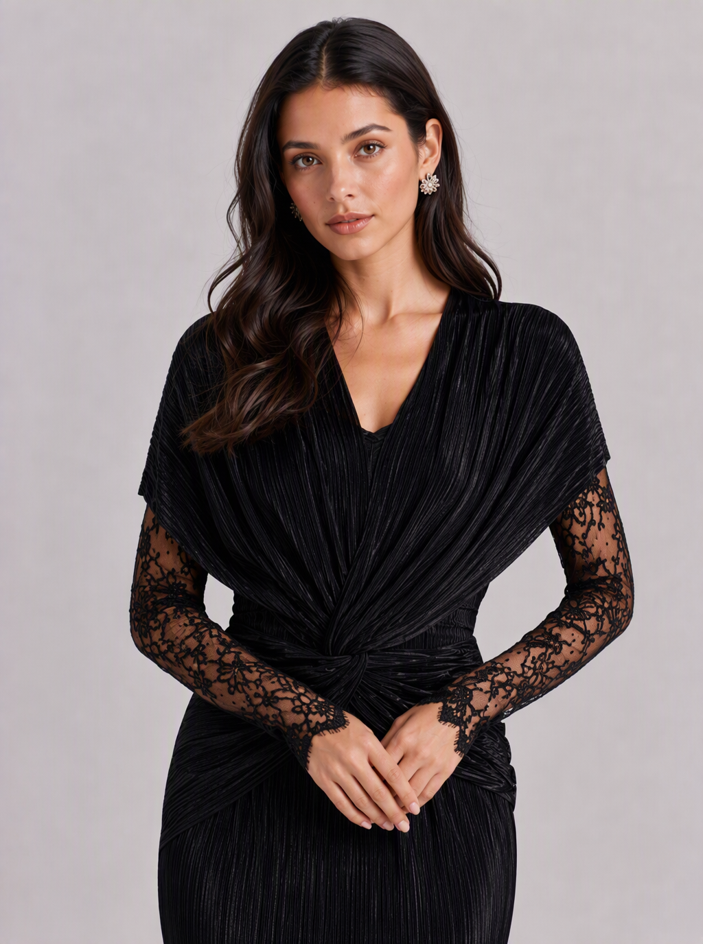 Zephrina Cecile velvet lace-sleeve wrap maxi dress in black