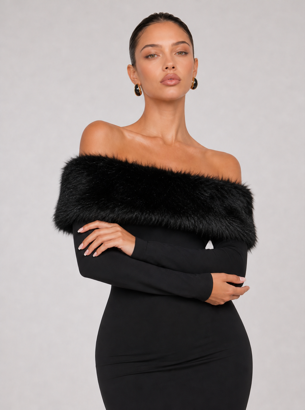 Zephrina Isabeau faux-fur trim midi dress in black