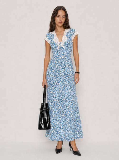 Zephrina blue floral lace-trim maxi dress with cap sleeves