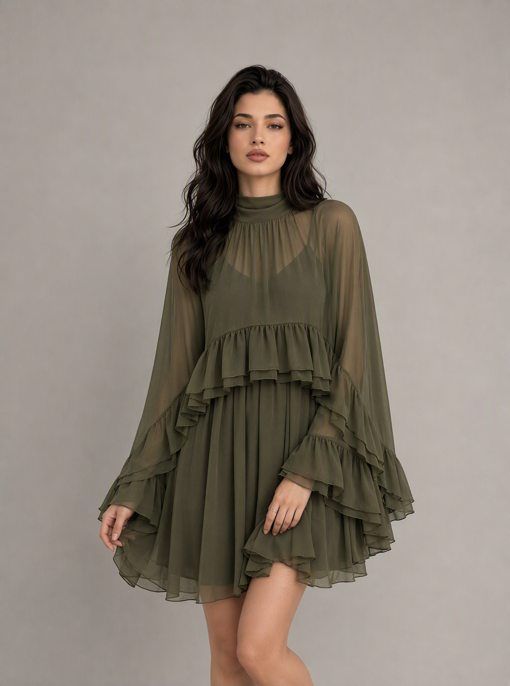 Zephrina Cressida ruffle chiffon mini dress in brown