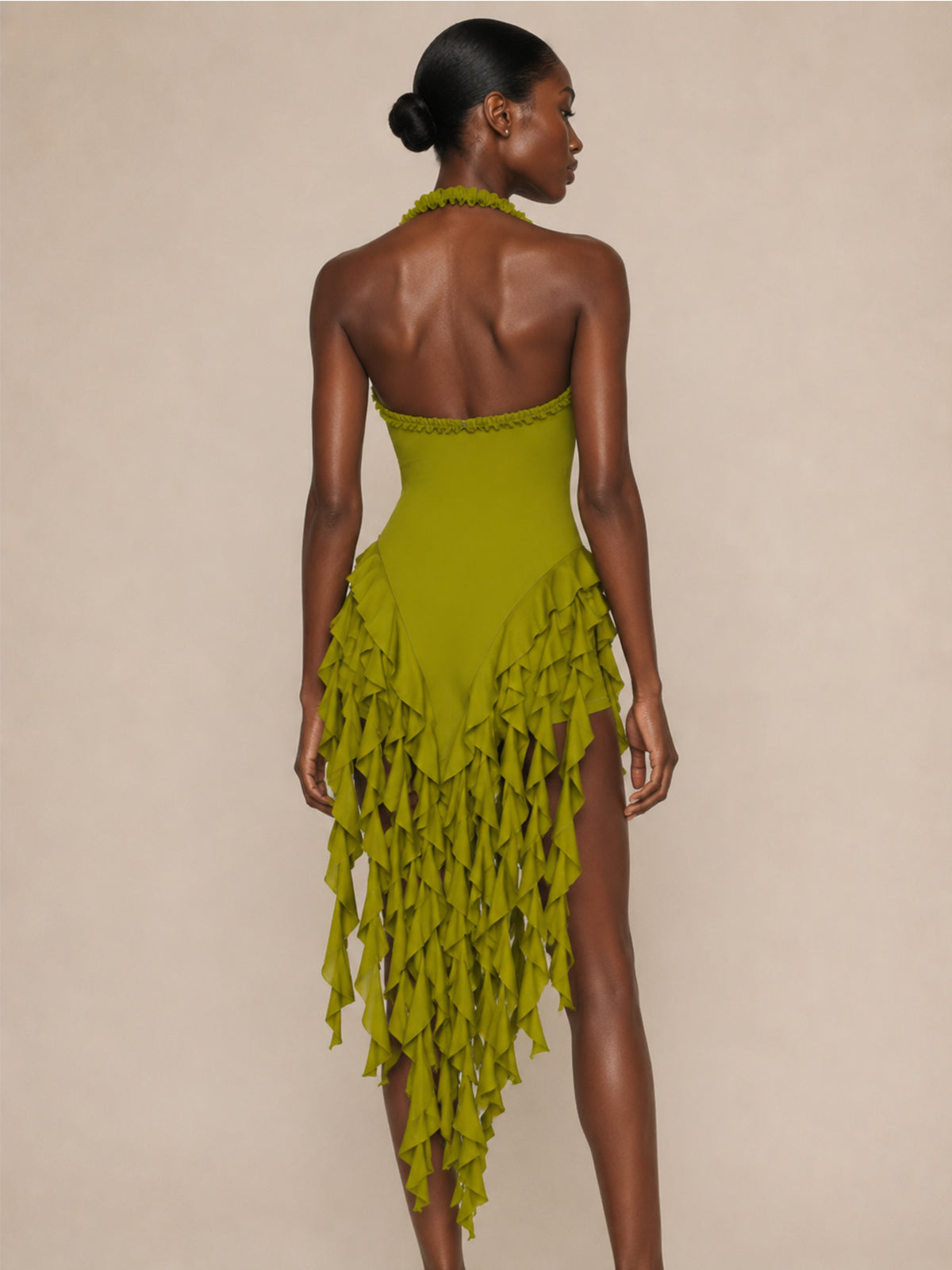 Olive Green Fringe Ruffle Halter Mini Dress