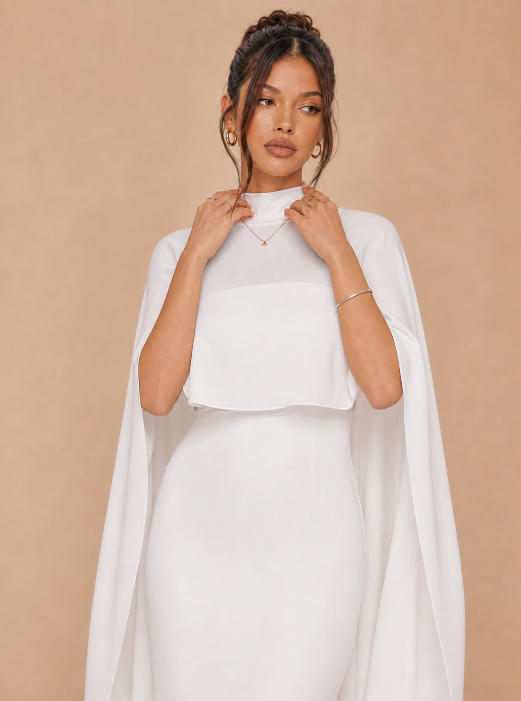 Zephrina Ismeria cape overlay midi dress in white
