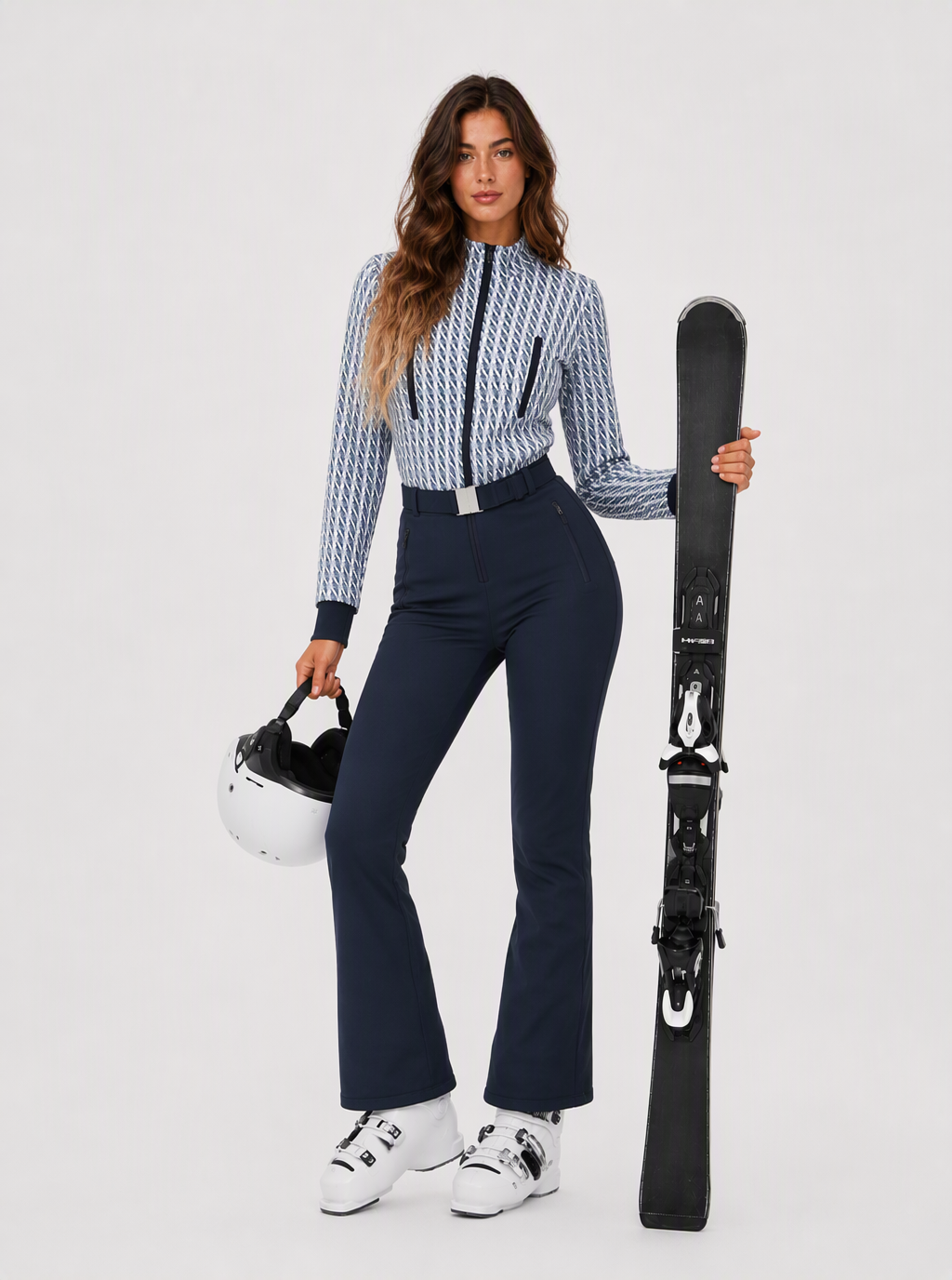 Zephrina Valeska graphic-panel belted one-piece ski suit with navy flared legs