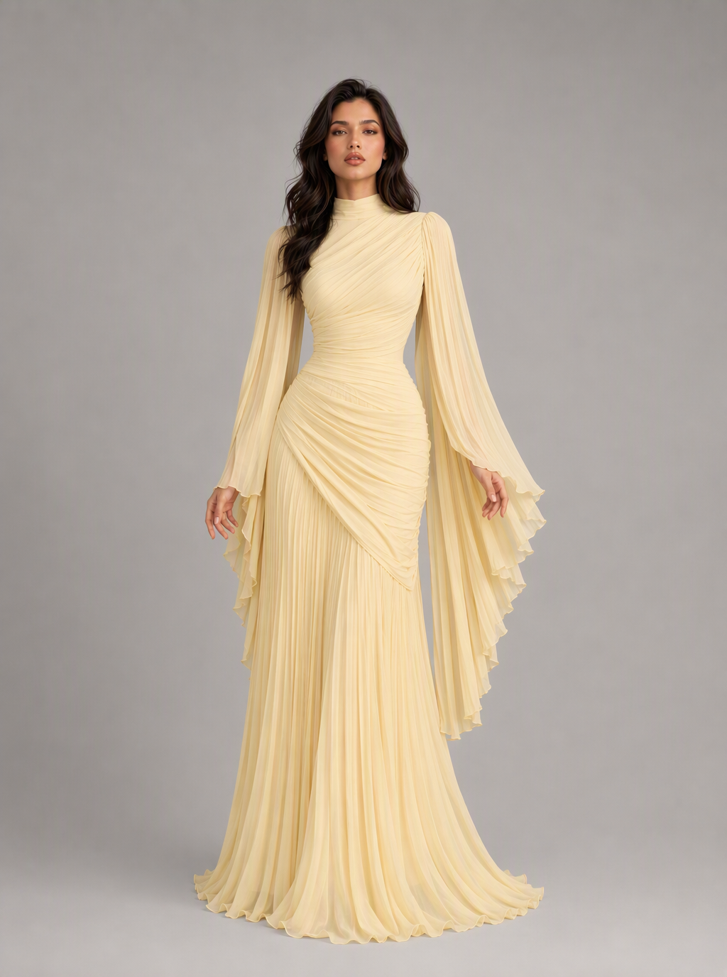 Zephrina Adelais pleated cape-sleeve maxi dress in burgundy