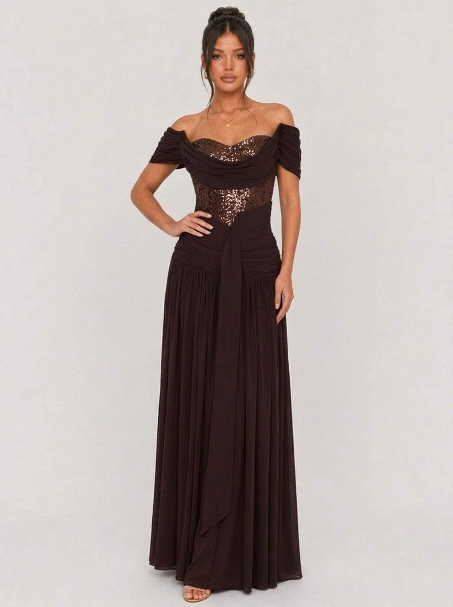 Zephrina Mariette sequin lace maxi dress in brown
