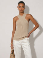 Zephrina Ondine cross halter knit top in khaki