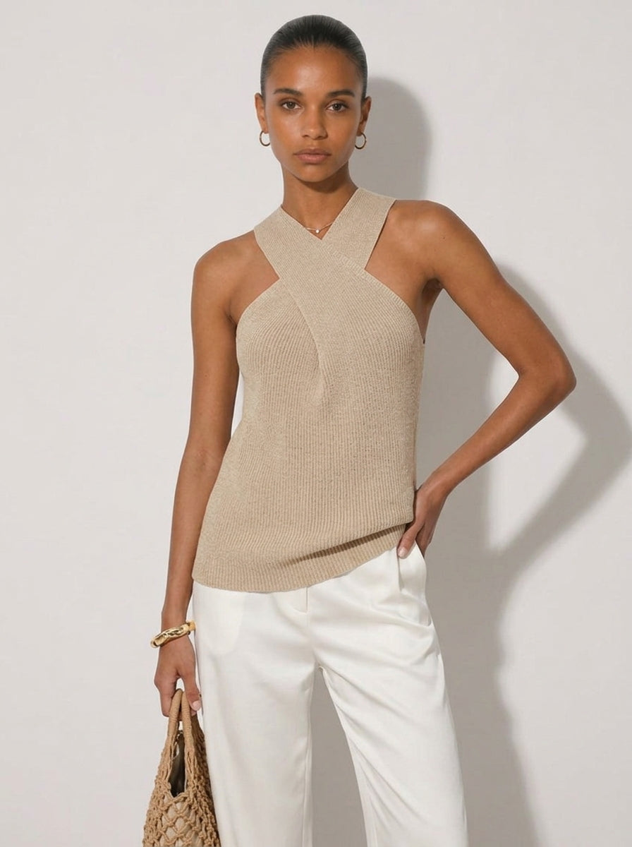 Zephrina Ondine cross halter knit top in khaki