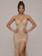 Zephrina Cyrene sequin corset maxi dress in champagne gold