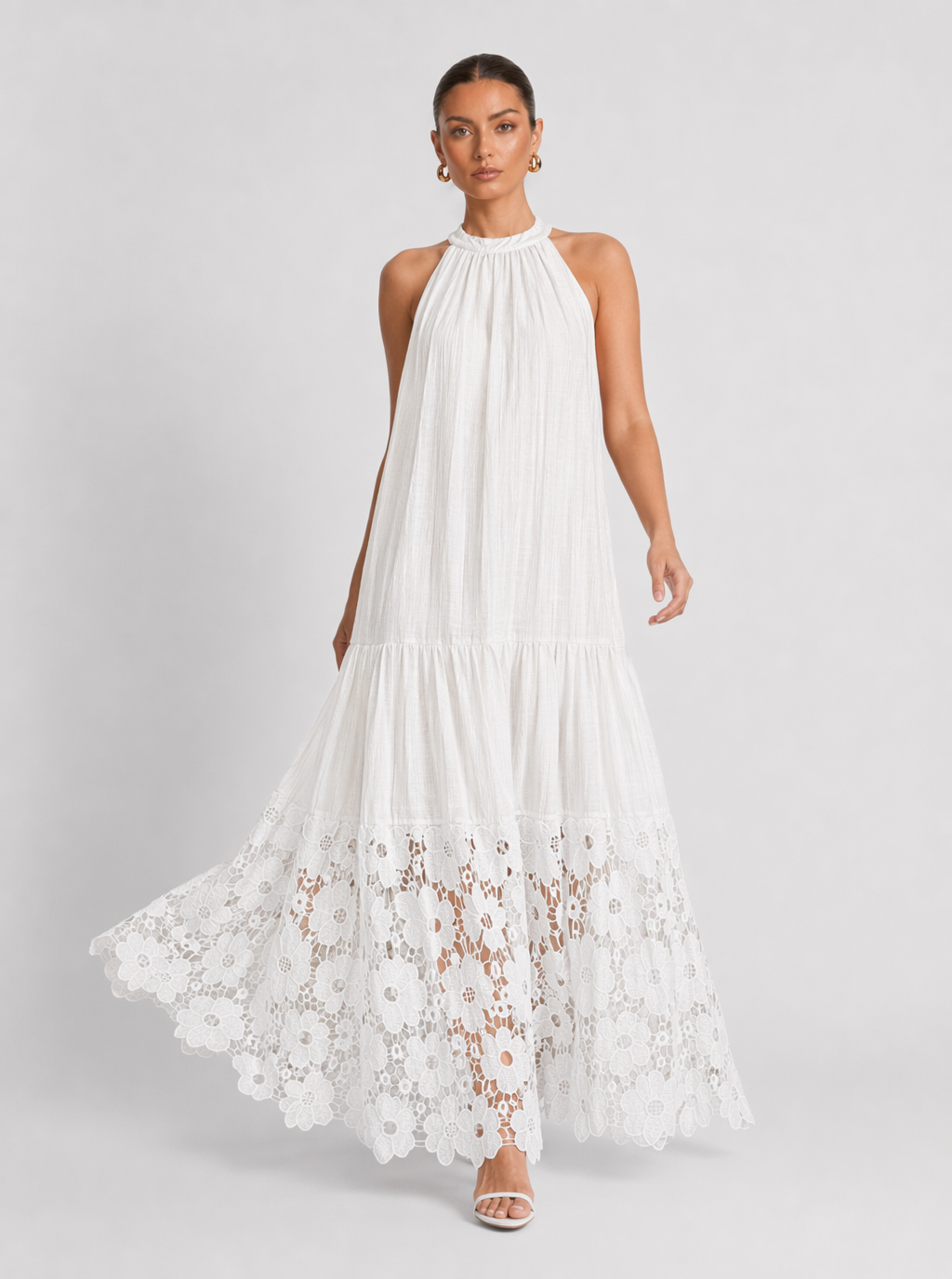 Zephrina White Floral Lace Halter Tiered Maxi Dress