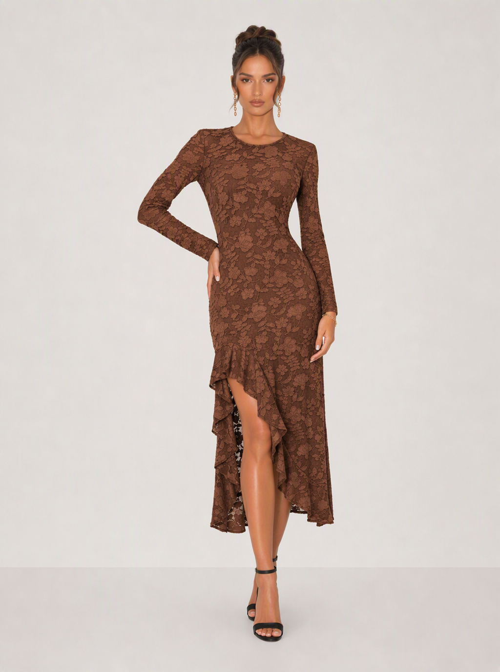 Zephrina Serilda lace jacquard midi dress in brown