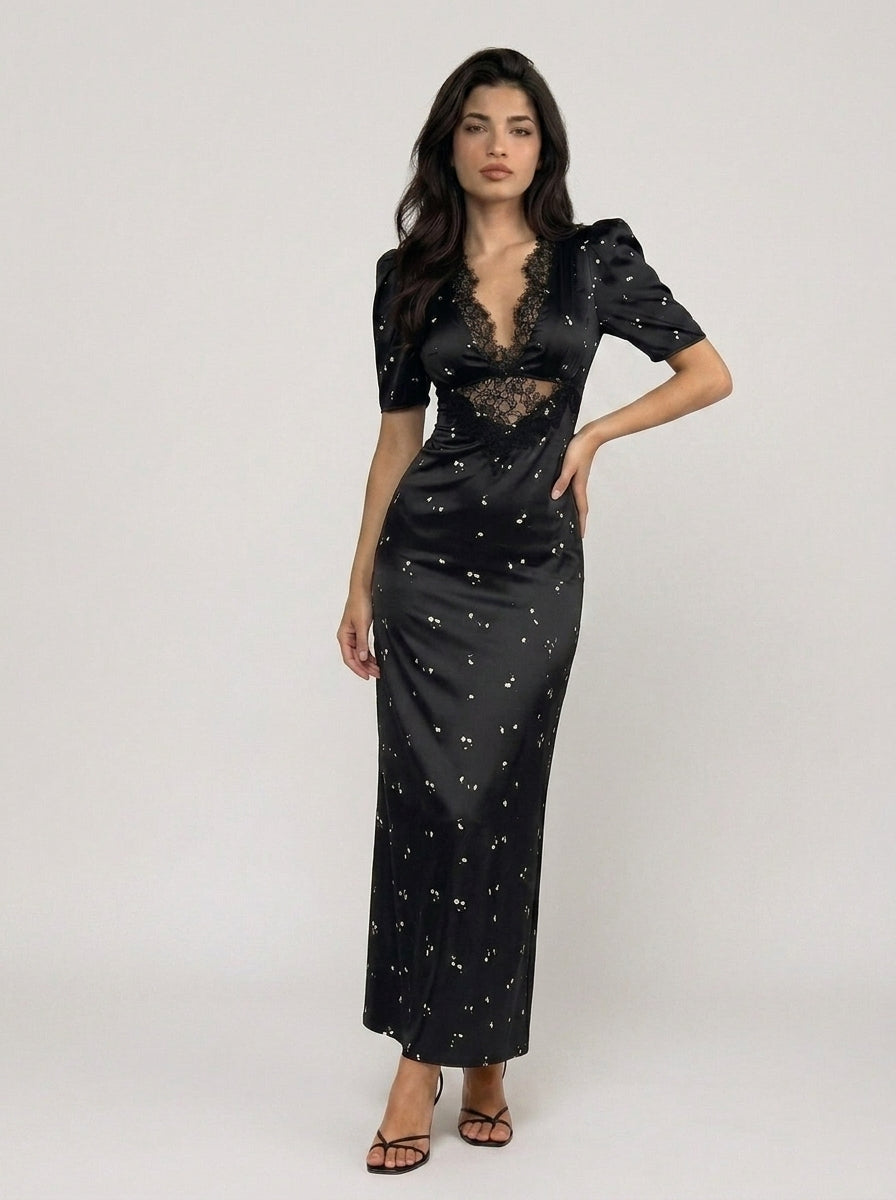 Zephrina Anouk lace plunge maxi dress in black
