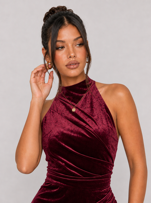 Zephrina Ismeria velvet one-shoulder maxi dress in burgundy