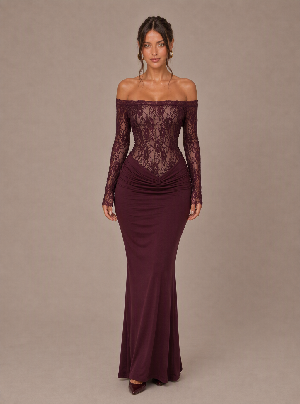 Zephrina Annelore off-shoulder lace-sleeve slit maxi dress