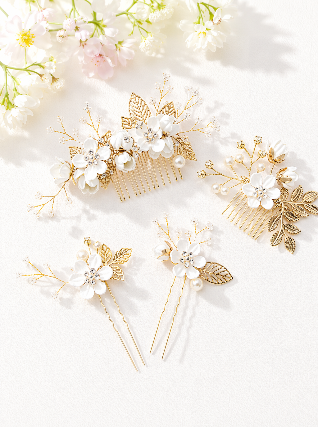 Zephrina floral pearl hair jewelry set with gold-tone leaves