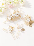 Zephrina floral pearl hair jewelry set with gold-tone leaves