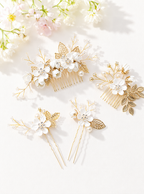Zephrina floral pearl hair jewelry set with gold-tone leaves