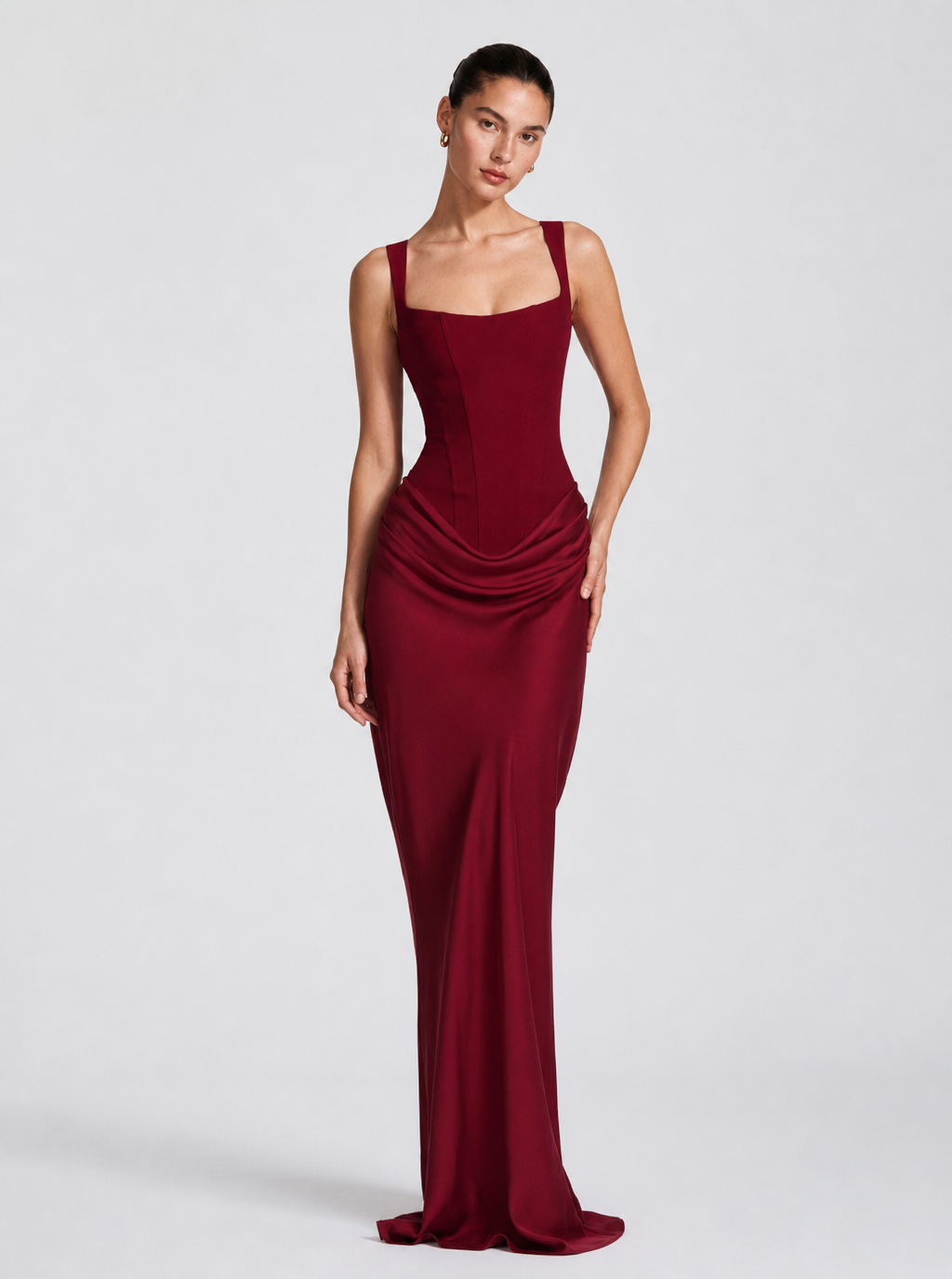 Zephrina Coralie draped satin-look maxi dress in burgundy