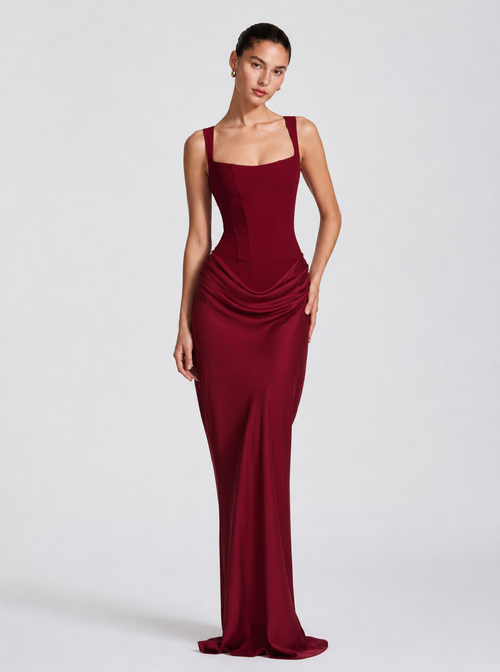 Zephrina Coralie draped satin-look maxi dress in burgundy