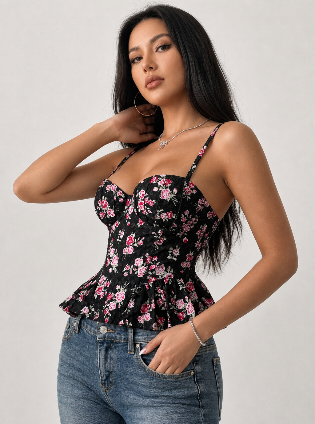 Zephrina floral peplum underwear in white with red floral print