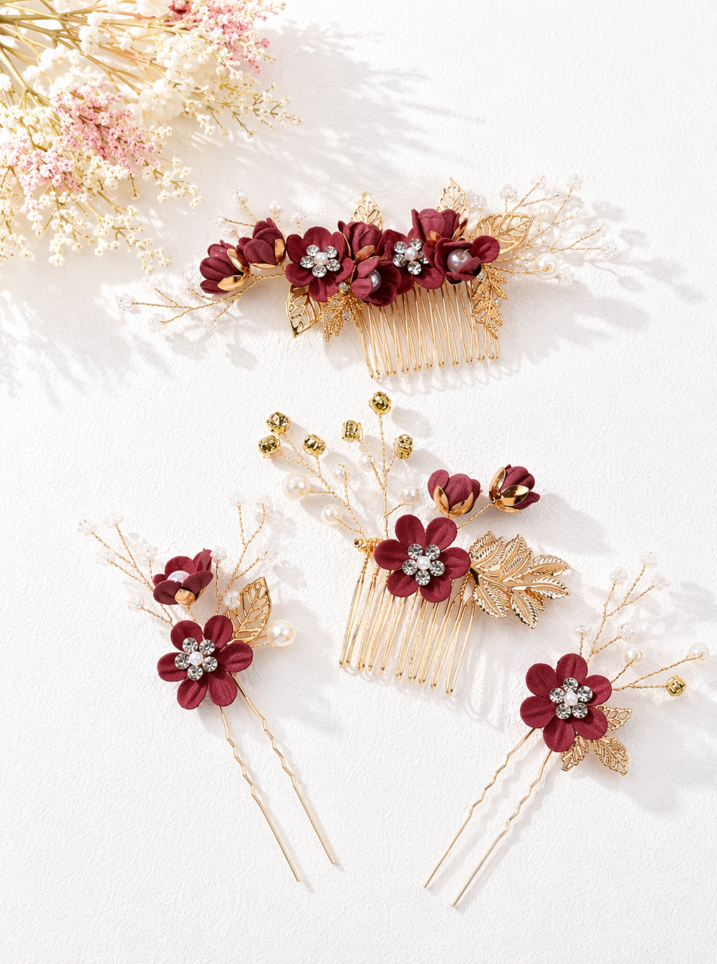 Zephrina floral pearl hair jewelry set with gold-tone leaves