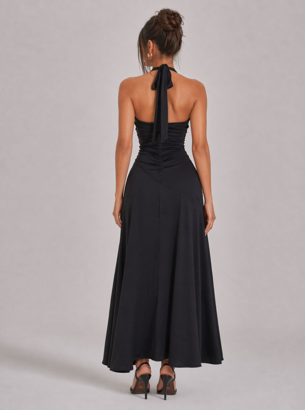 Zephrina Verena plunge halter ruffle maxi dress in black