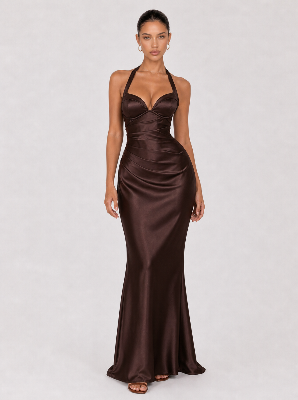 Zephrina Philomena halter satin maxi dress in brown