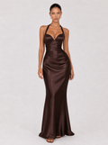 Zephrina Philomena halter satin maxi dress in brown