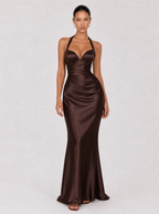Zephrina Philomena halter satin maxi dress in brown