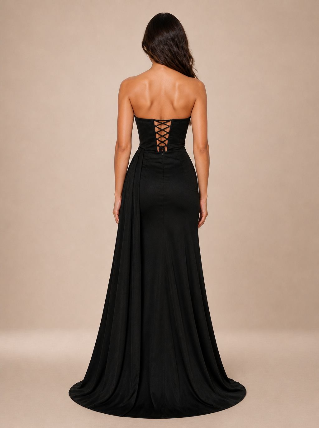 Zephrina Eudora sheer-corset satin slit maxi dress in black
