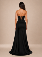 Zephrina Eudora sheer-corset satin slit maxi dress in black