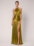 Metallic Olive Gold Pleated Halter Maxi Gown