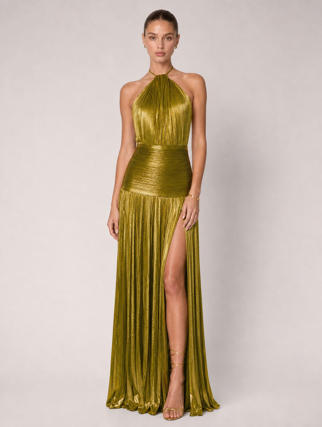 Metallic Olive Gold Pleated Halter Maxi Gown