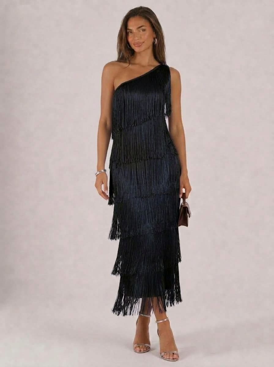 Zephrina Orielle one-shoulder fringe midi dress in royal blue