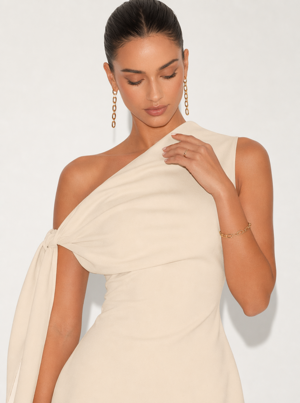 Zephrina Delphine one-shoulder knot mini dress in apricot