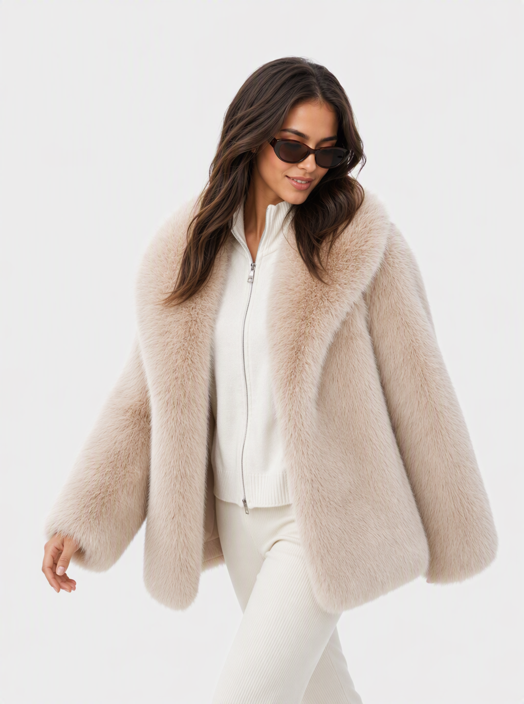 Zephrina Sabine shawl collar faux fur coat in apricot