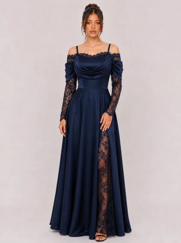 Zephrina Eleanora lace-panel satin maxi dress in navy