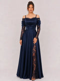 Zephrina Eleanora lace-panel satin maxi dress in navy