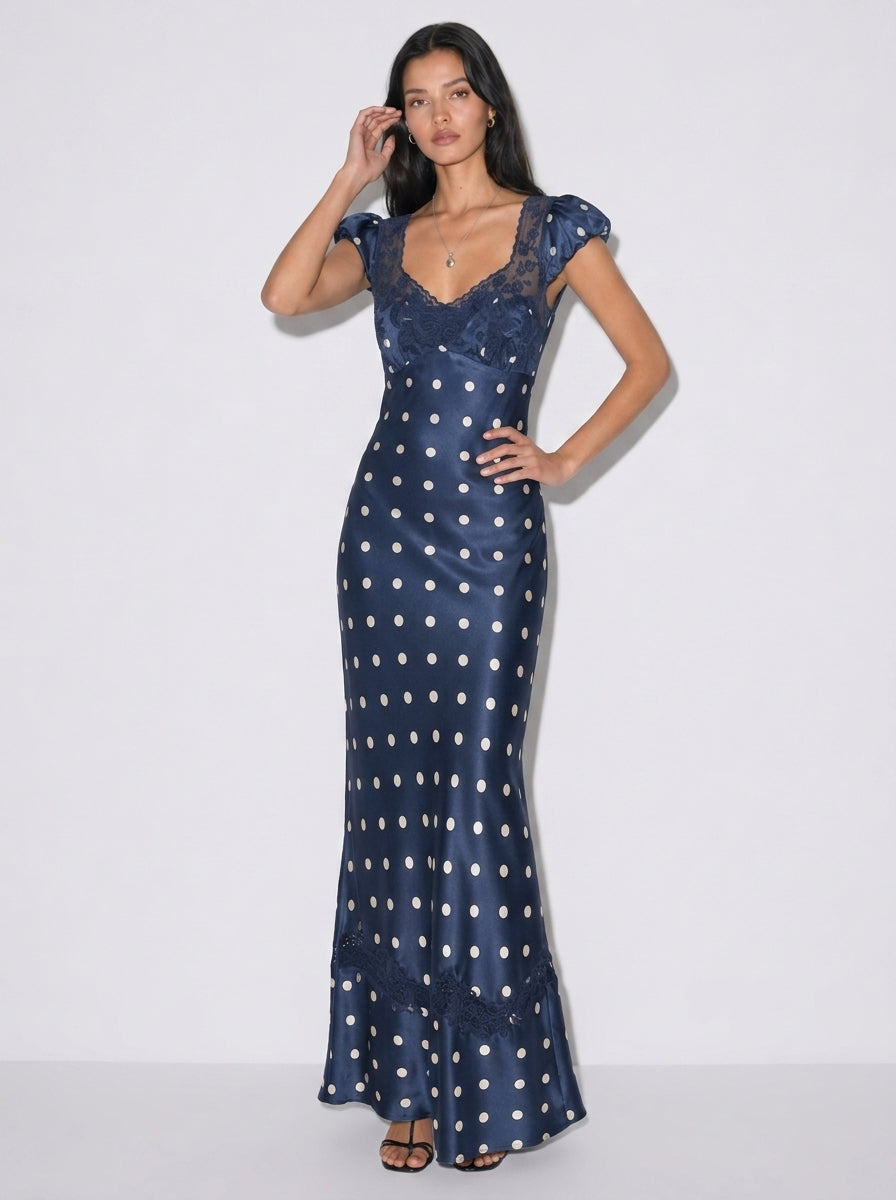 Zephrina polka dot lace-trim maxi dress with cap sleeves