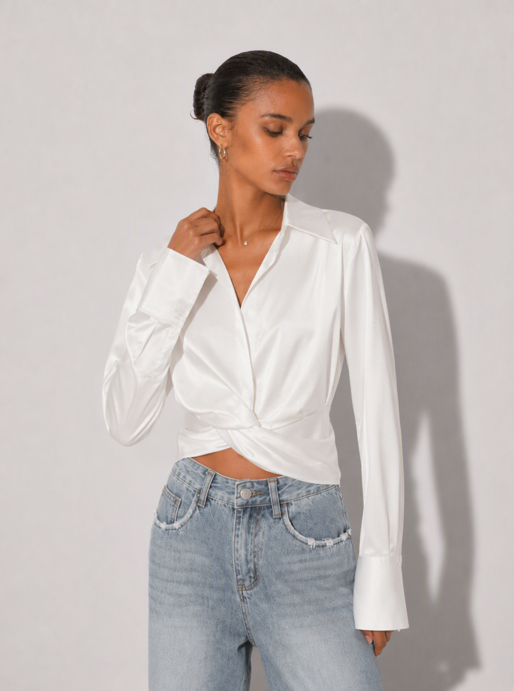 Zephrina Tamsin wrap satin blouse in white