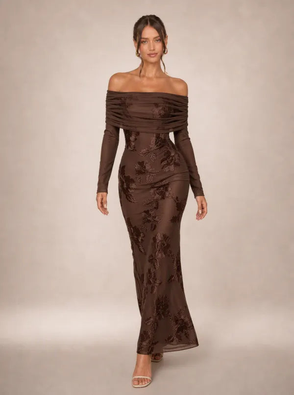 Zephrina Rosamund embroidered off-shoulder maxi dress in coffee