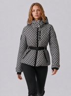 Zephrina Ailsa belted hooded quilted jacket in black and white geometric check