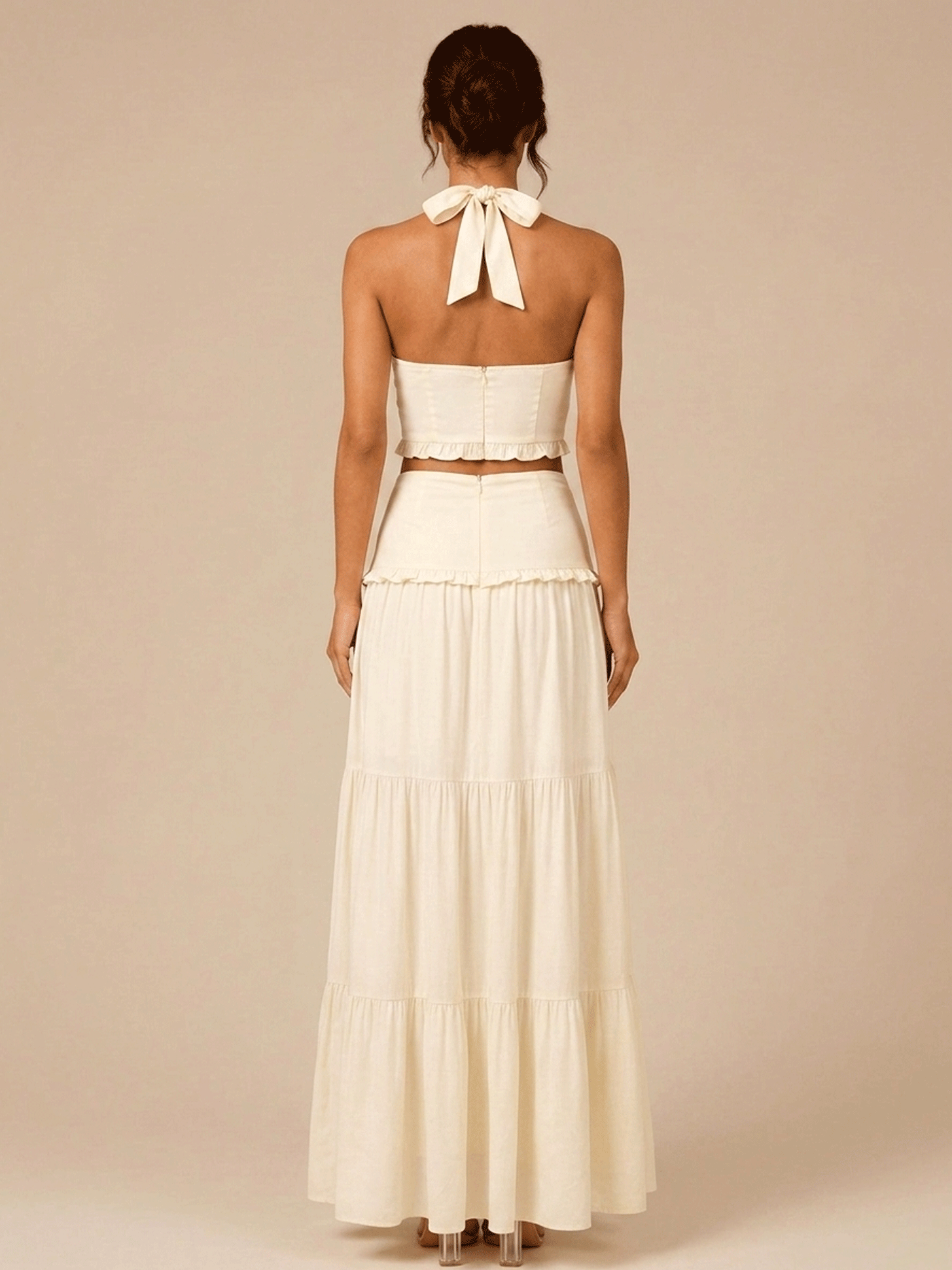 Halter Twist Crop Top & Tiered Maxi Skirt Two Piece Set