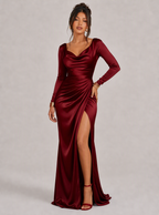 Zephrina Valentina draped satin slit maxi dress in black