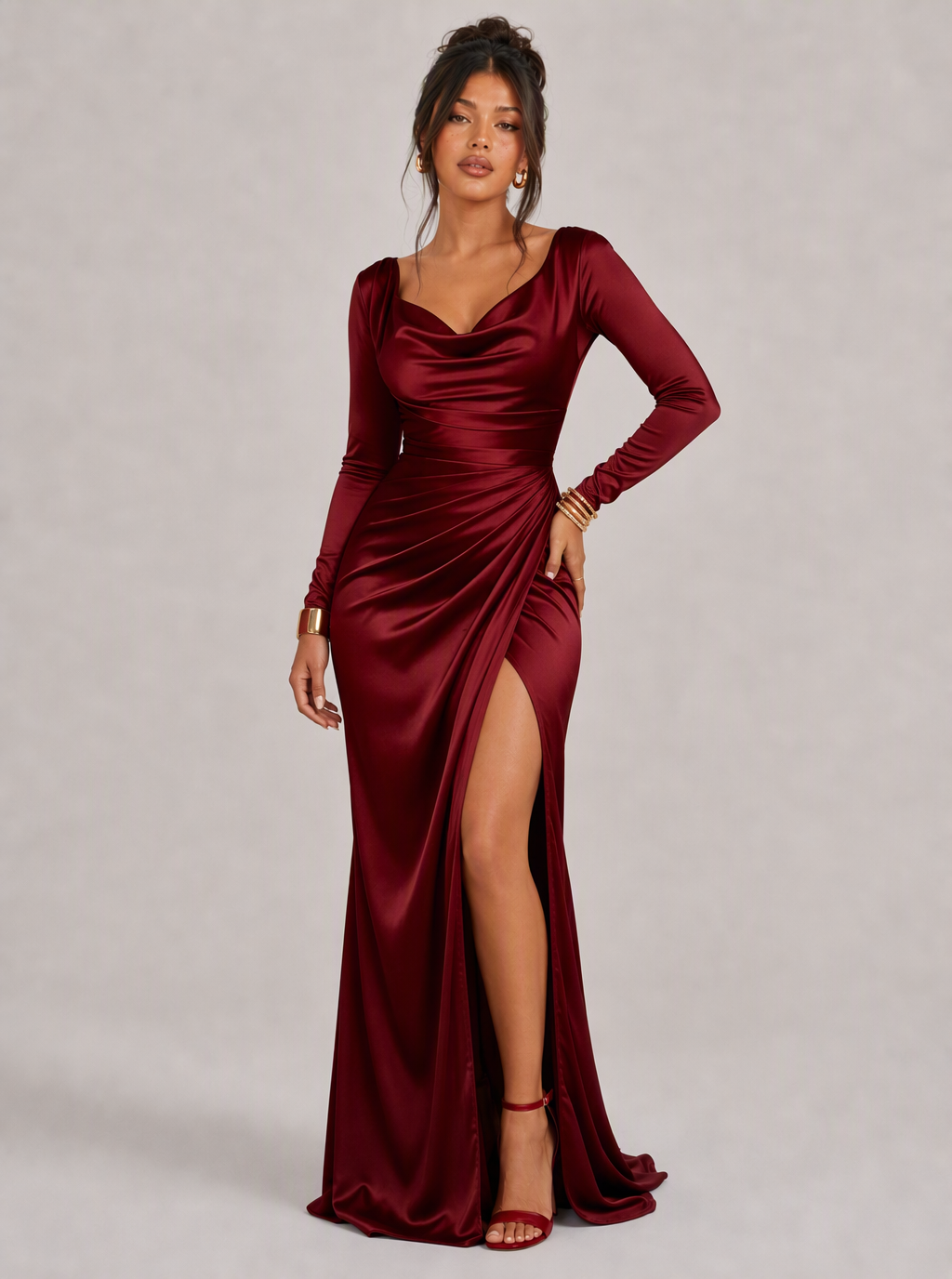 Zephrina Valentina draped satin slit maxi dress in black