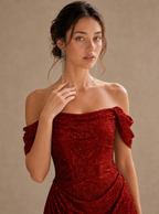 Zephrina Sabine off-shoulder glitter ruched maxi dress in silver