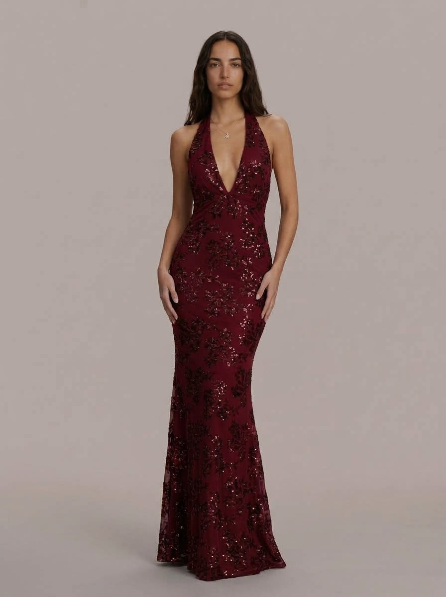 Zephrina Maelys plunging sequin maxi dress in coffee