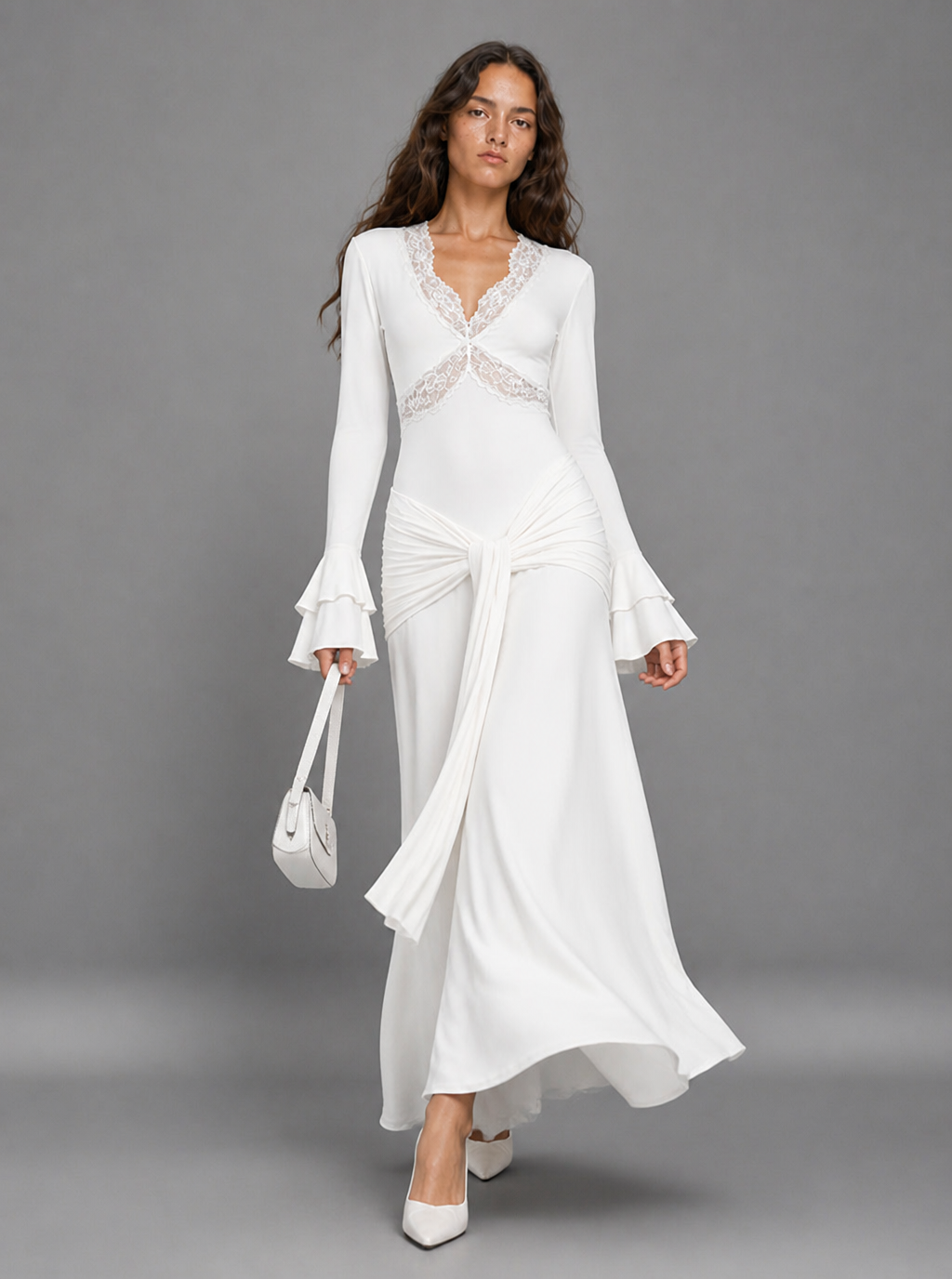 Zephrina lace-trim long-sleeve maxi dress with front drape