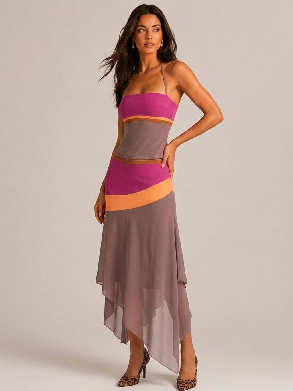Block Halter Corset Top & Asymmetrical Midi Skirt Two Piece Matching Set