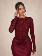 Zephrina Rosavelle lace sleeve satin maxi dress in burgundy