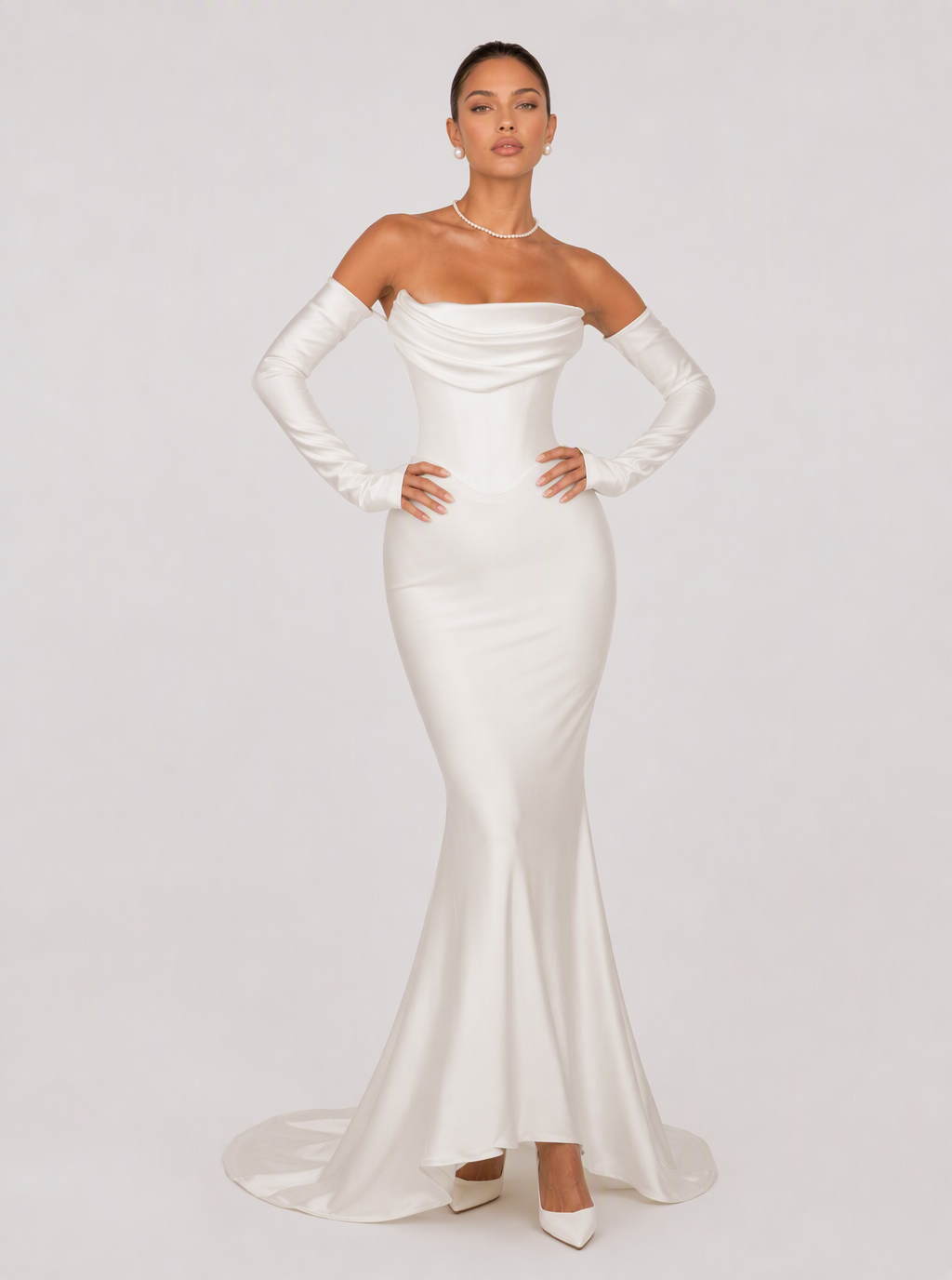 Zephrina Brinelle off-shoulder satin maxi dress